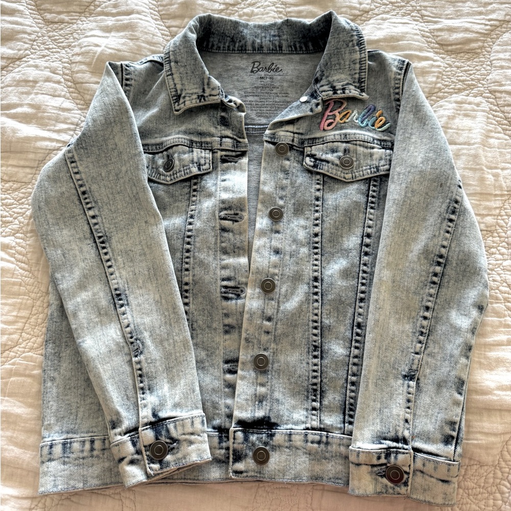 Barbie Mattel Blue Denim Embroidered Acid Wash Jean Jacket Size M 7-8